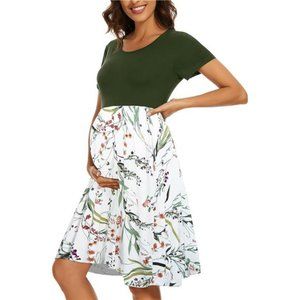 Women's Short Sleeve Maternity Dress Patchwork Pregnancy Clothes with Pockets